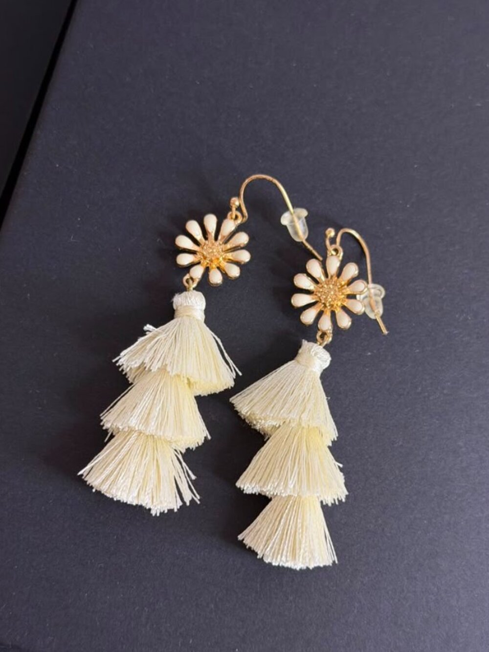 Ivory Tiered Tassel Earrings | Gold Tone Daisy Stud Statement Earrings